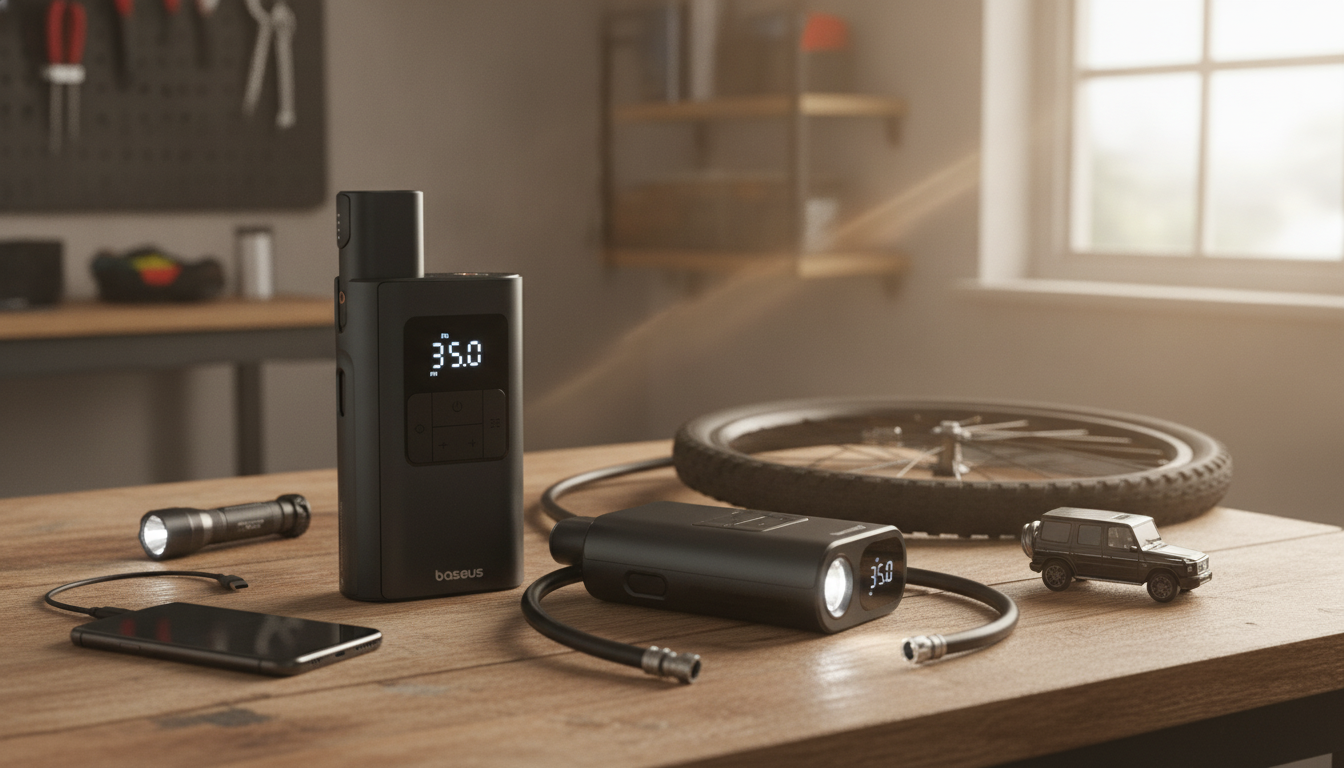 2-in-1 Portable Tire Inflator: Power Bank + Flashlight
